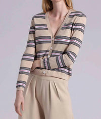 Minnie Rose - Vneck Striped Cardigan