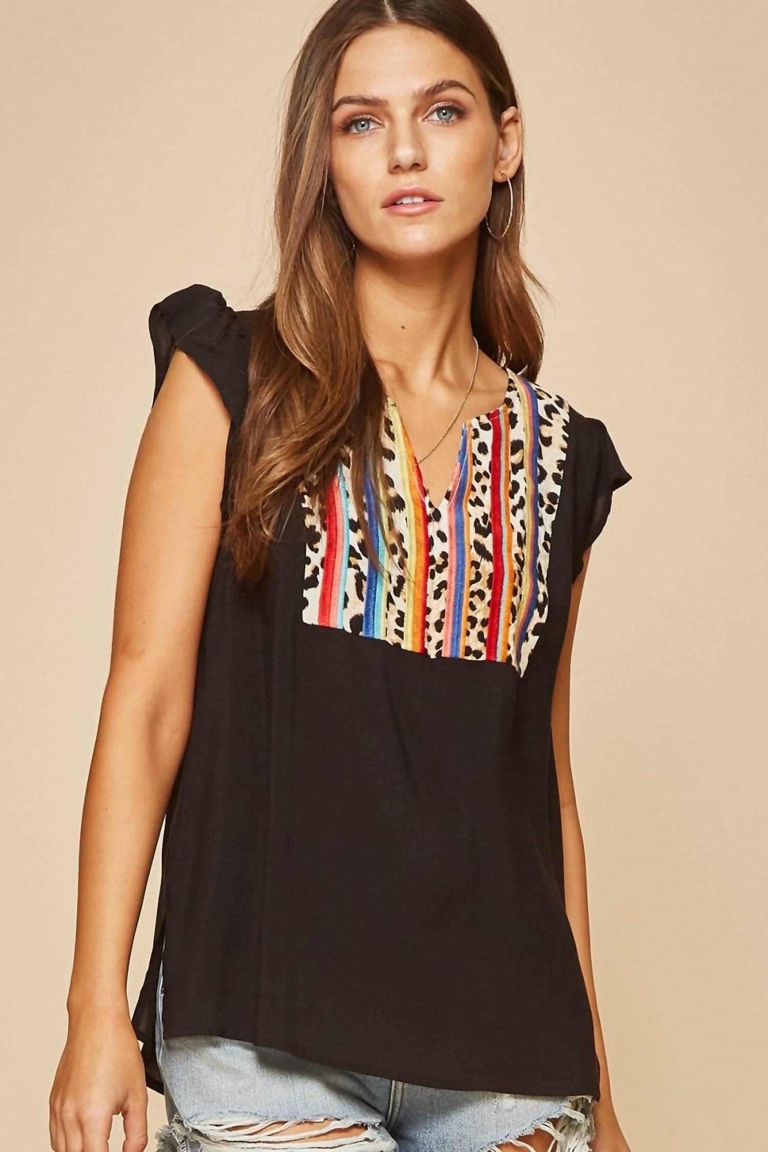 Andree By Unit - Leopard And Serape Embroidered Top