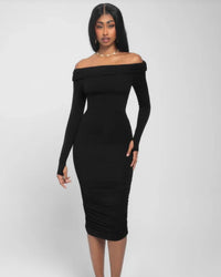 Ta3 - Shapey Off Shoulder Ruched Midi Dress