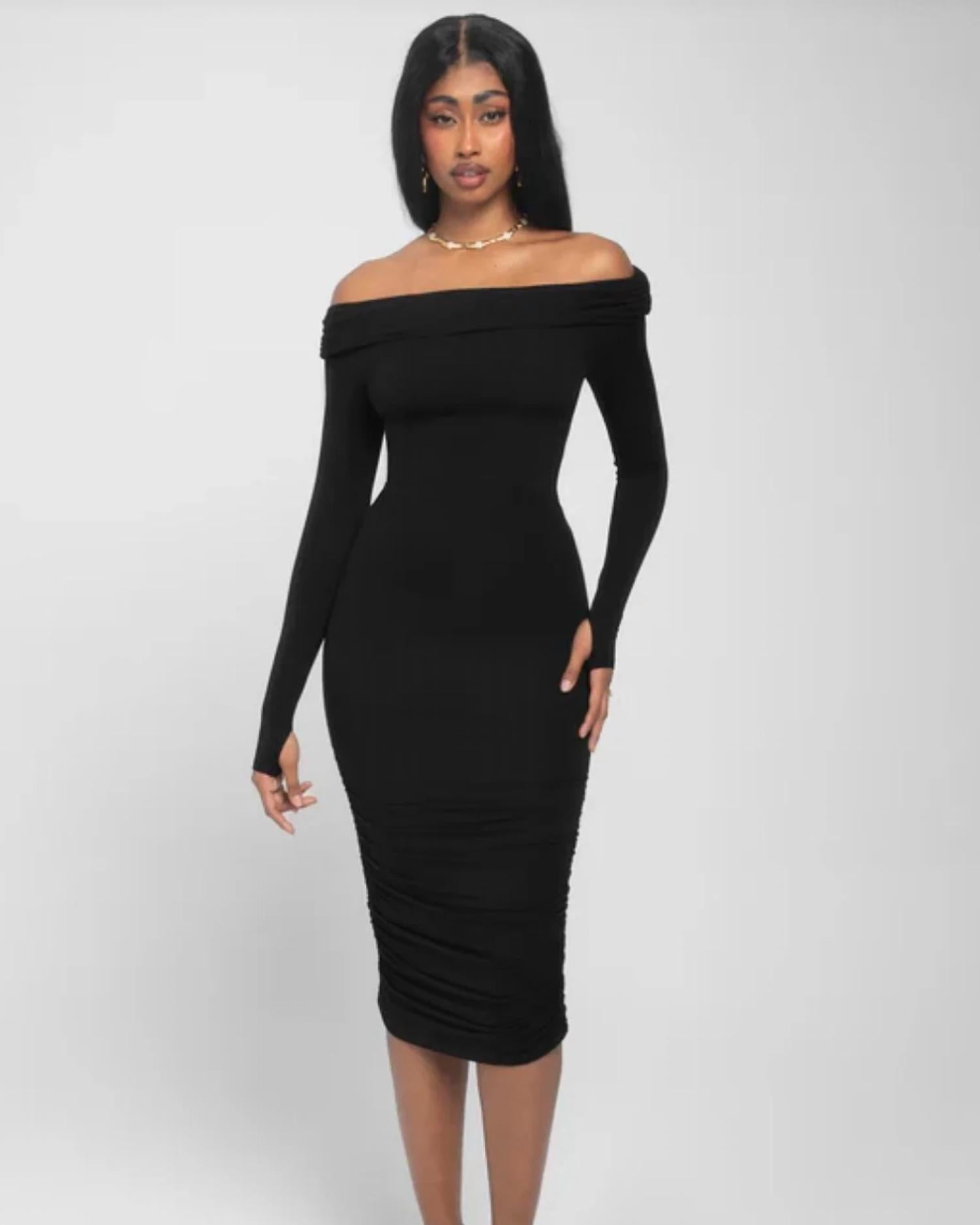 Ta3 - Shapey Off Shoulder Ruched Midi Dress