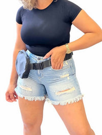 RISEN Mid-Rise Shorts with Fray Hem in blue - women's shorts