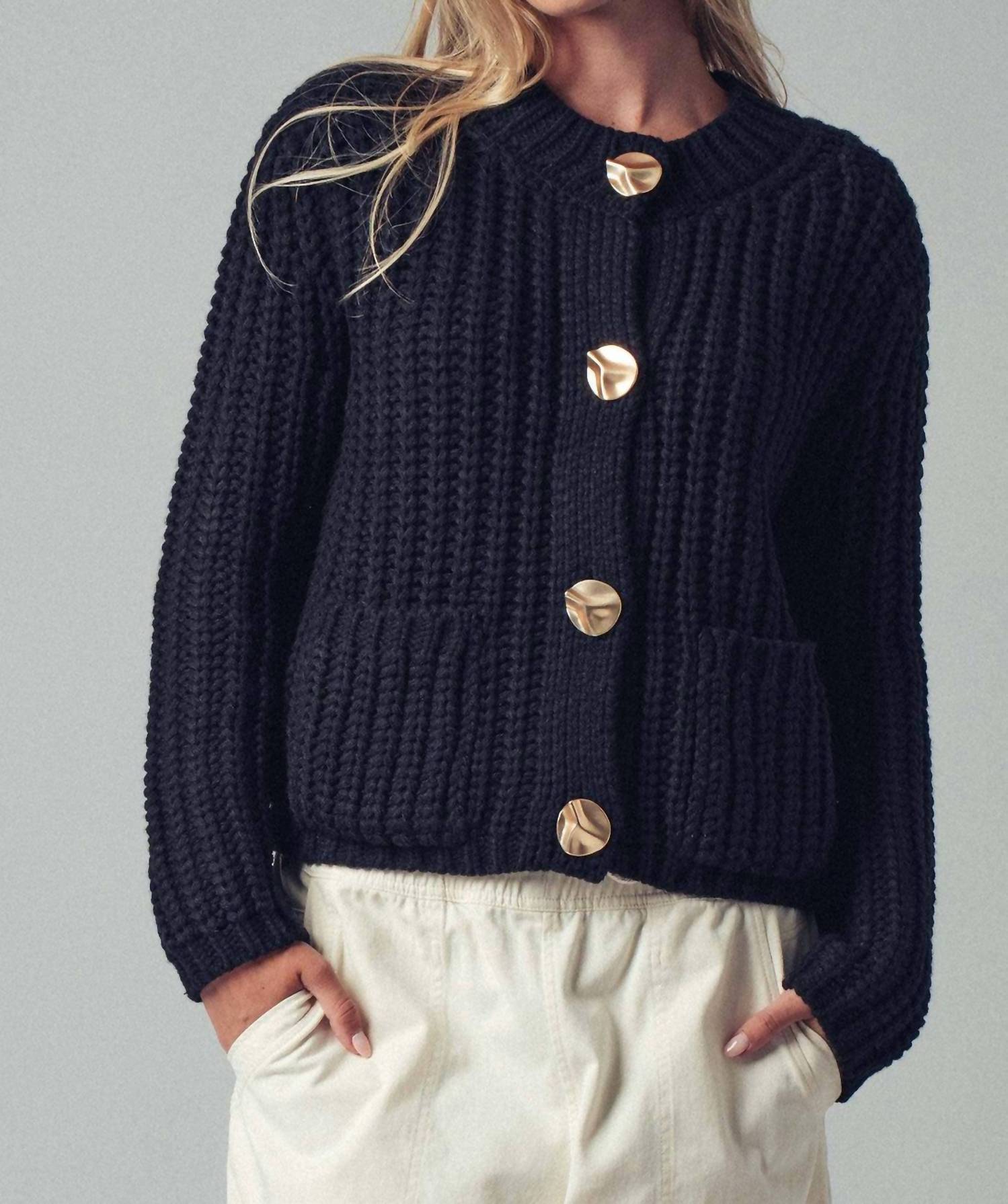Urban Daizy Chunky Button Ribbed Knit Cardigan in black - women's cardigan