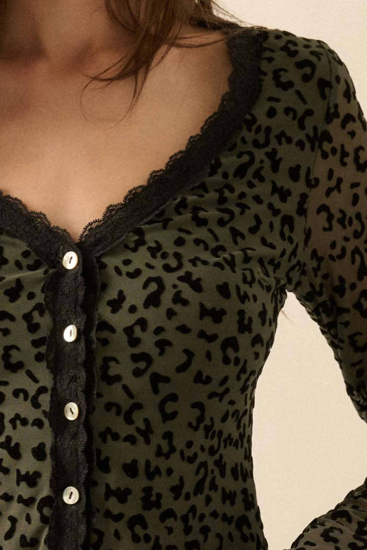 Promesa - Leopard Mesh Lace-Trim Button-Front Top