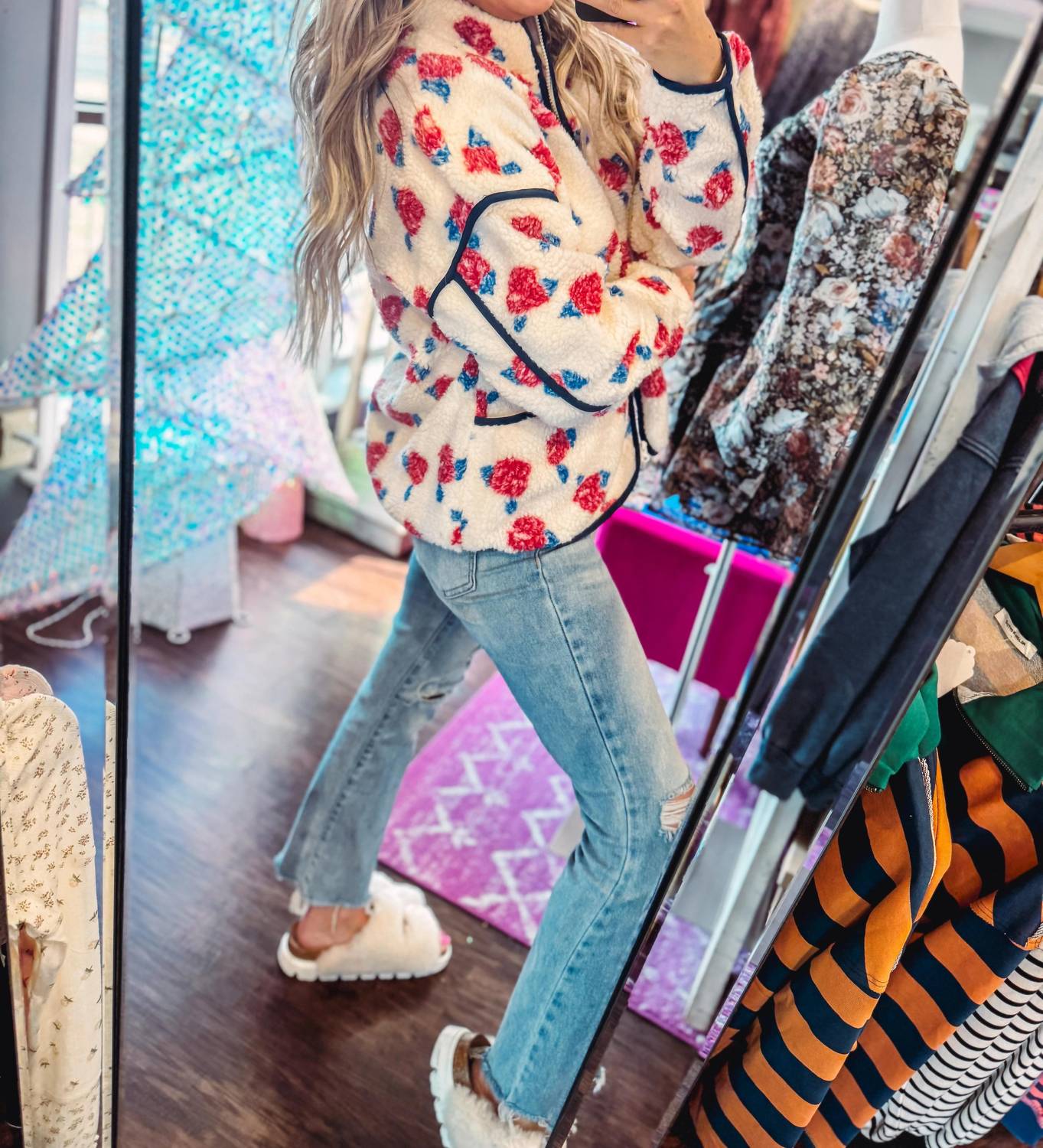 Very J - Oversized Floral Printed Fleece Sherpa Jacket