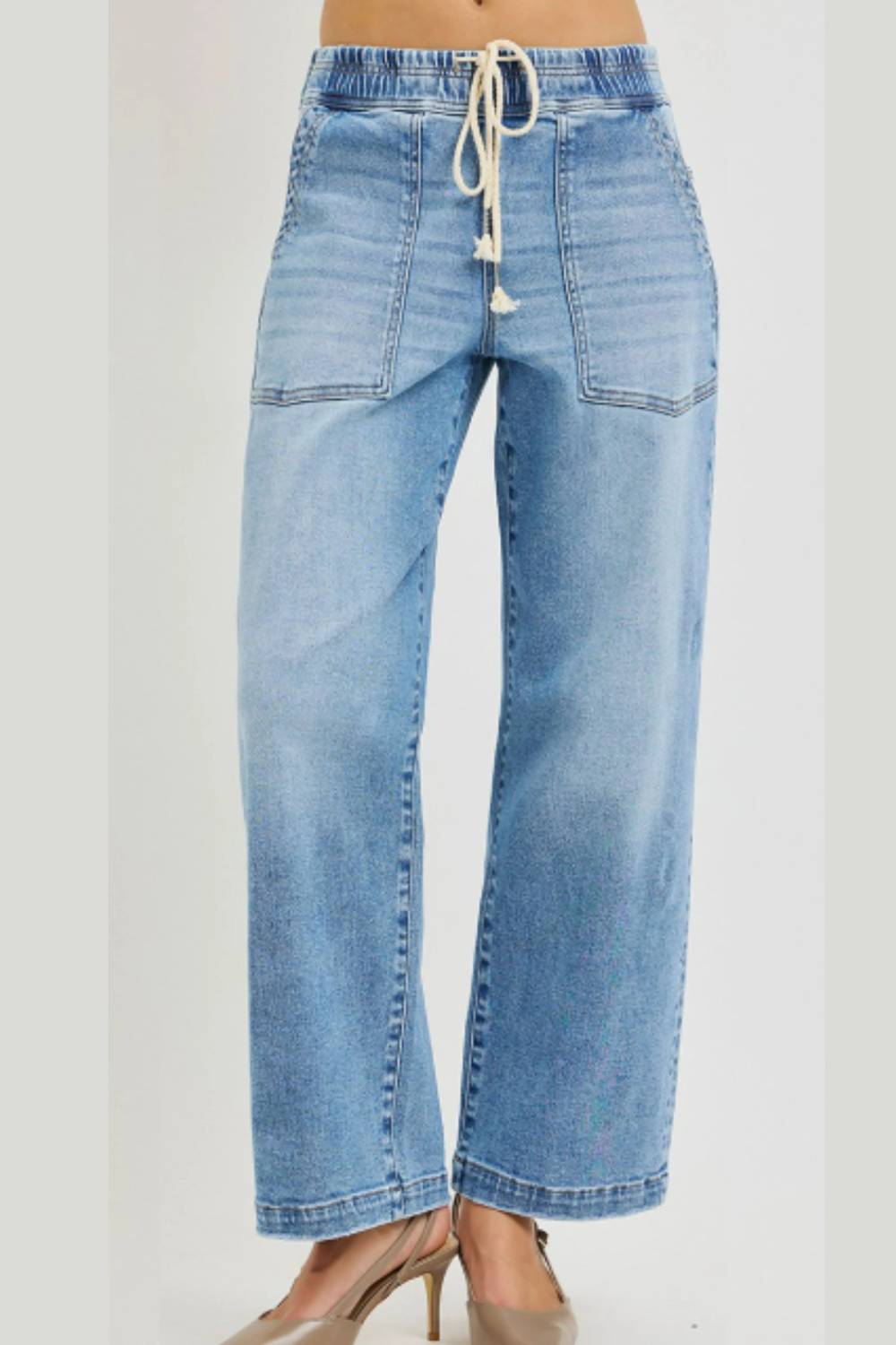 Risen - Elastic Slouchy Cropped Baggy Patch Pockets Jeans