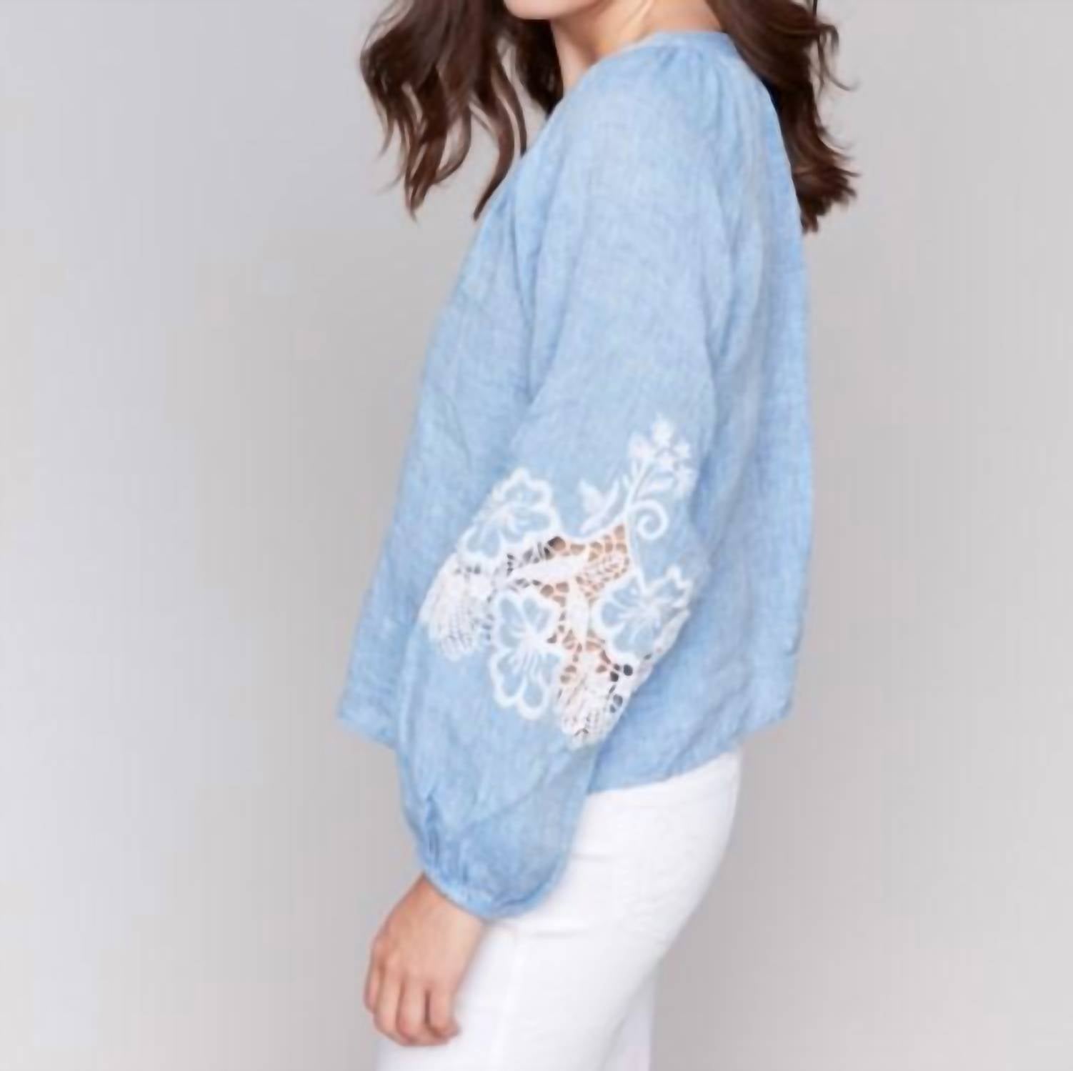 Charlie B - Cotton-linen Button-front Blouse With Embroidery