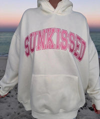 Sunkissed Coconut Varsity Embroidered Hoodie in ivory hibiscus - women's top - detail view