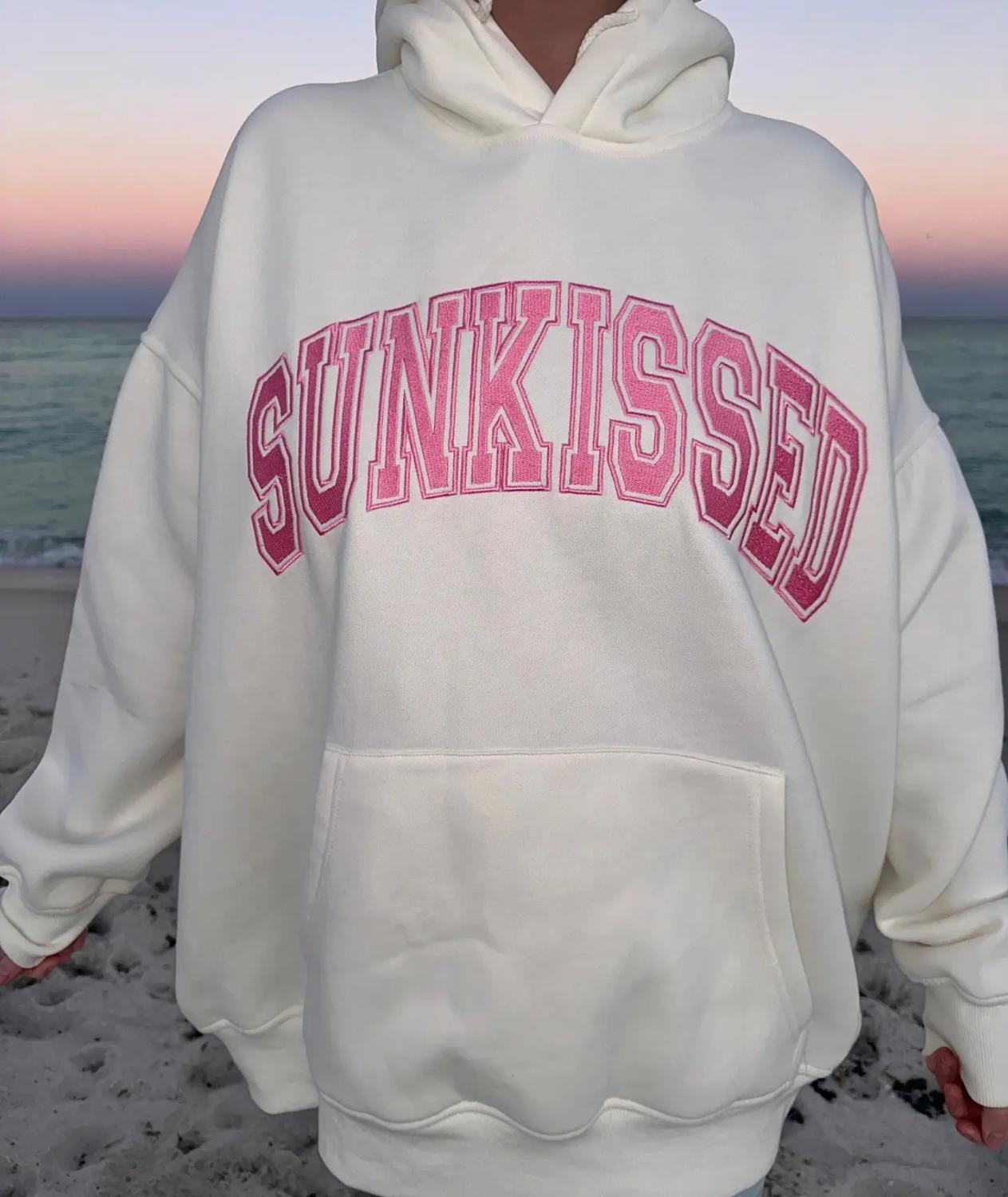 Sunkissed Coconut Varsity Embroidered Hoodie in ivory hibiscus - women's top - detail view