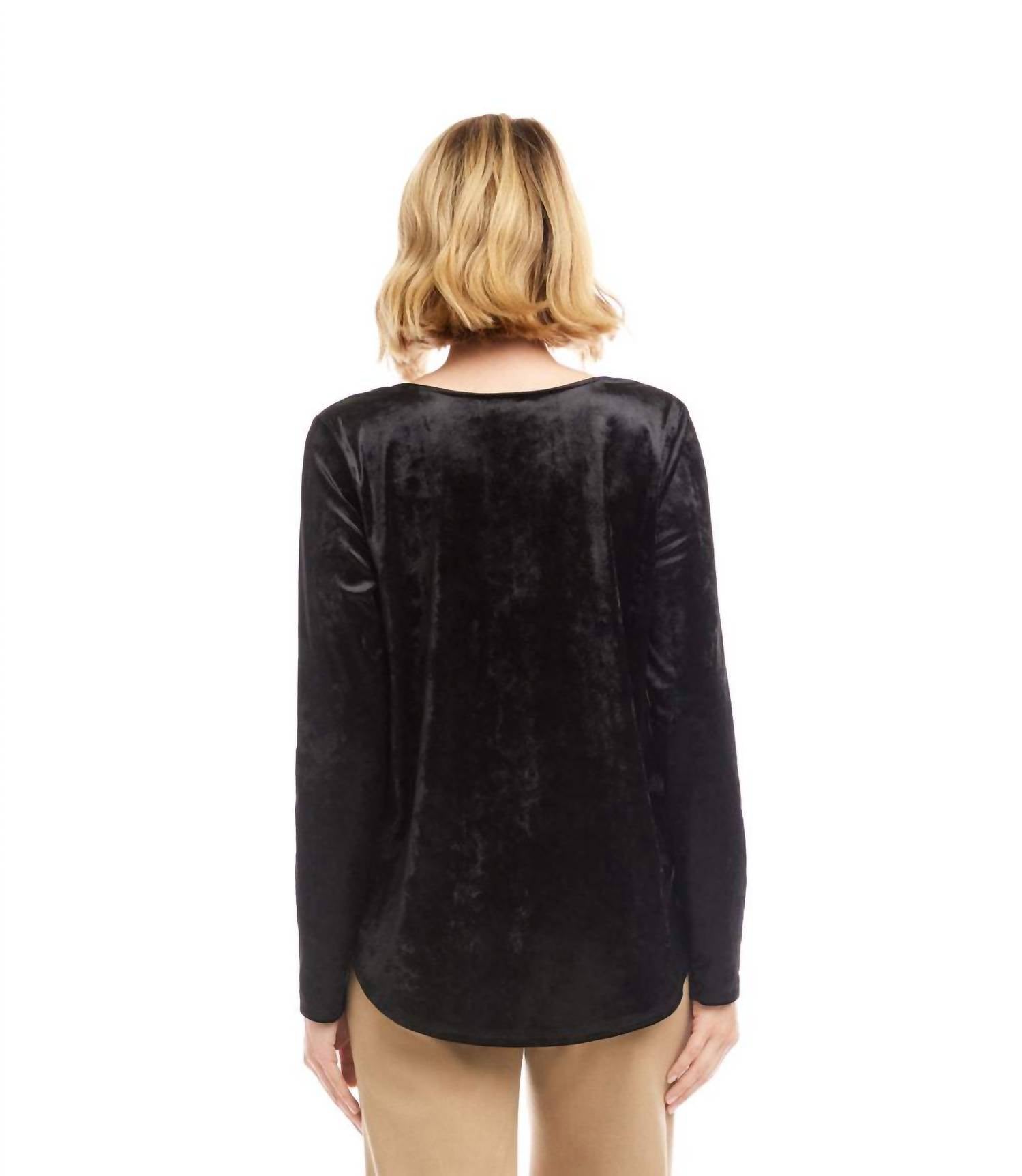 Karen Kane Long Sleeve Crushed Velvet Shirttail Top in black - women's blouse - detail view