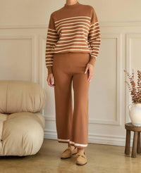 SKIES ARE BLUE Striped Knit Pullover Sweater in camel cream - women's sweater