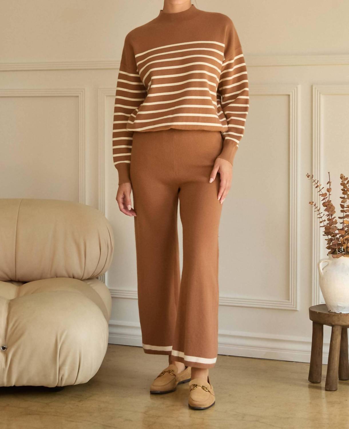 SKIES ARE BLUE Striped Knit Pullover Sweater in camel cream - women's sweater