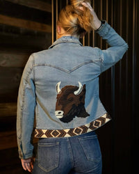 Madison Creek Outfitters Bison Beaded Jacket in aztec denim - women's jacket - detail view