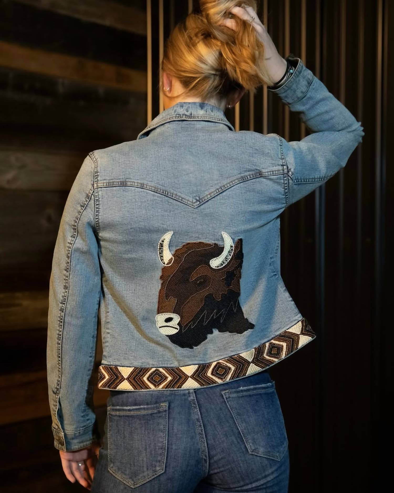 Madison Creek Outfitters Bison Beaded Jacket in aztec denim - women's jacket - detail view