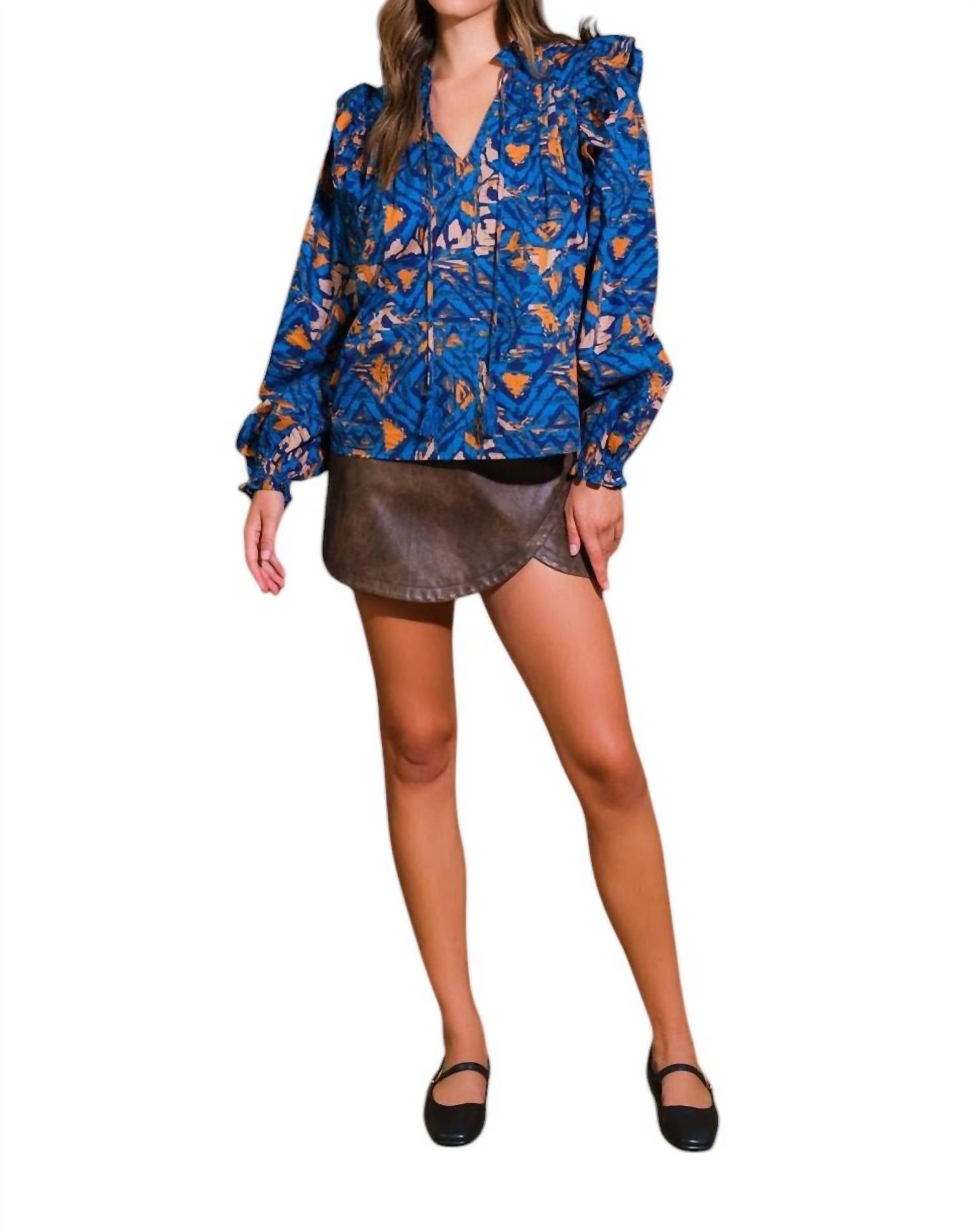 Flying Tomato - Liz Ikat Print Ruffle Sleeve Blouse