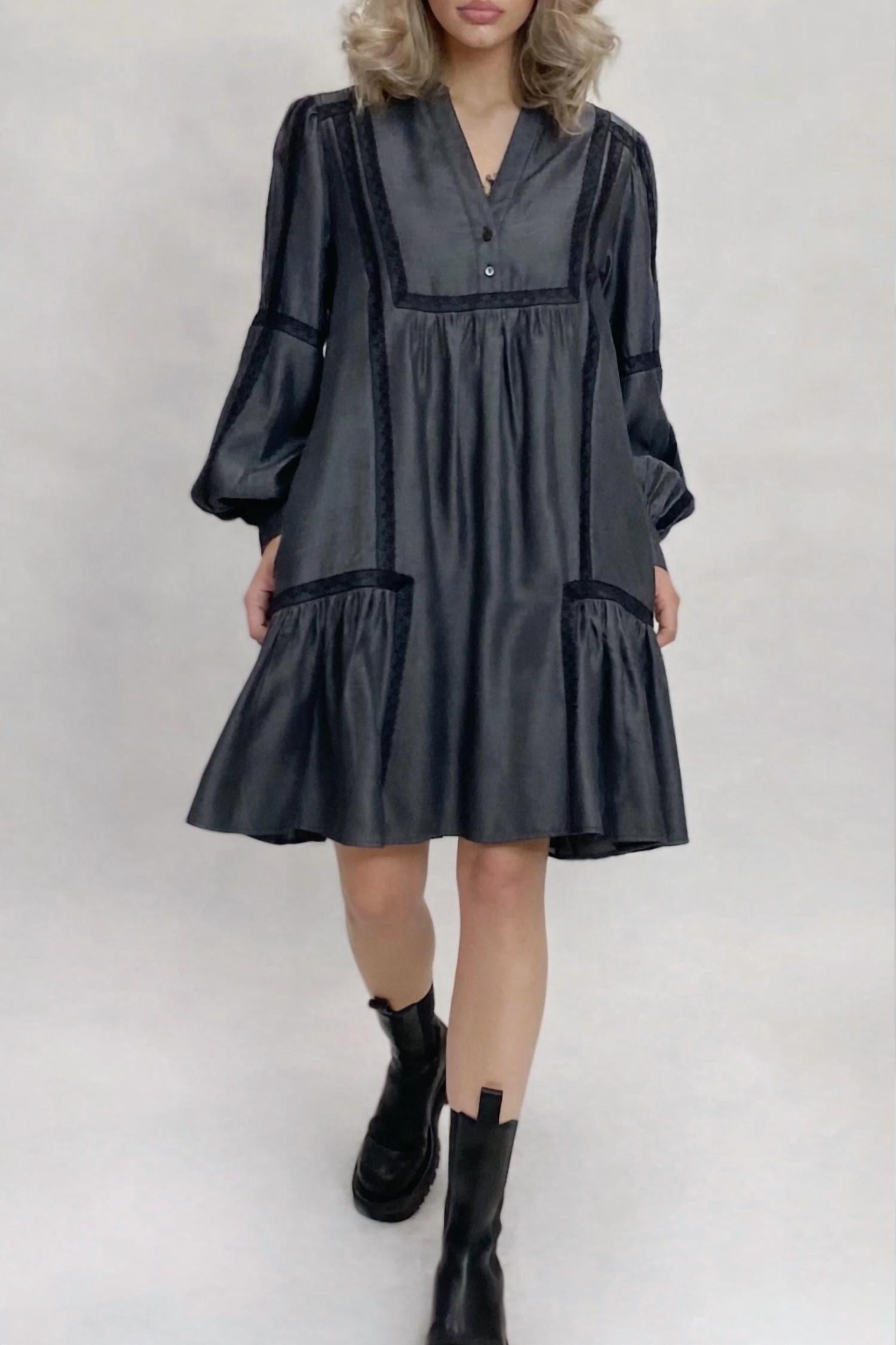 Gold Hawk Denim Tencel Lace Trim Dress in dark grey - women's dress - detail view