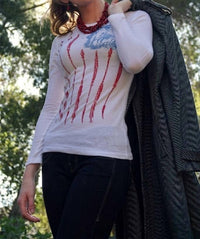Original Cowgirl Clothing Freedom Flag Thermal Tee in white - women's long sleeve top - detail view