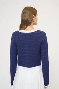 Central Park West Wren Scallop Crochet Cardigan in navy - women's cardigan - detail view