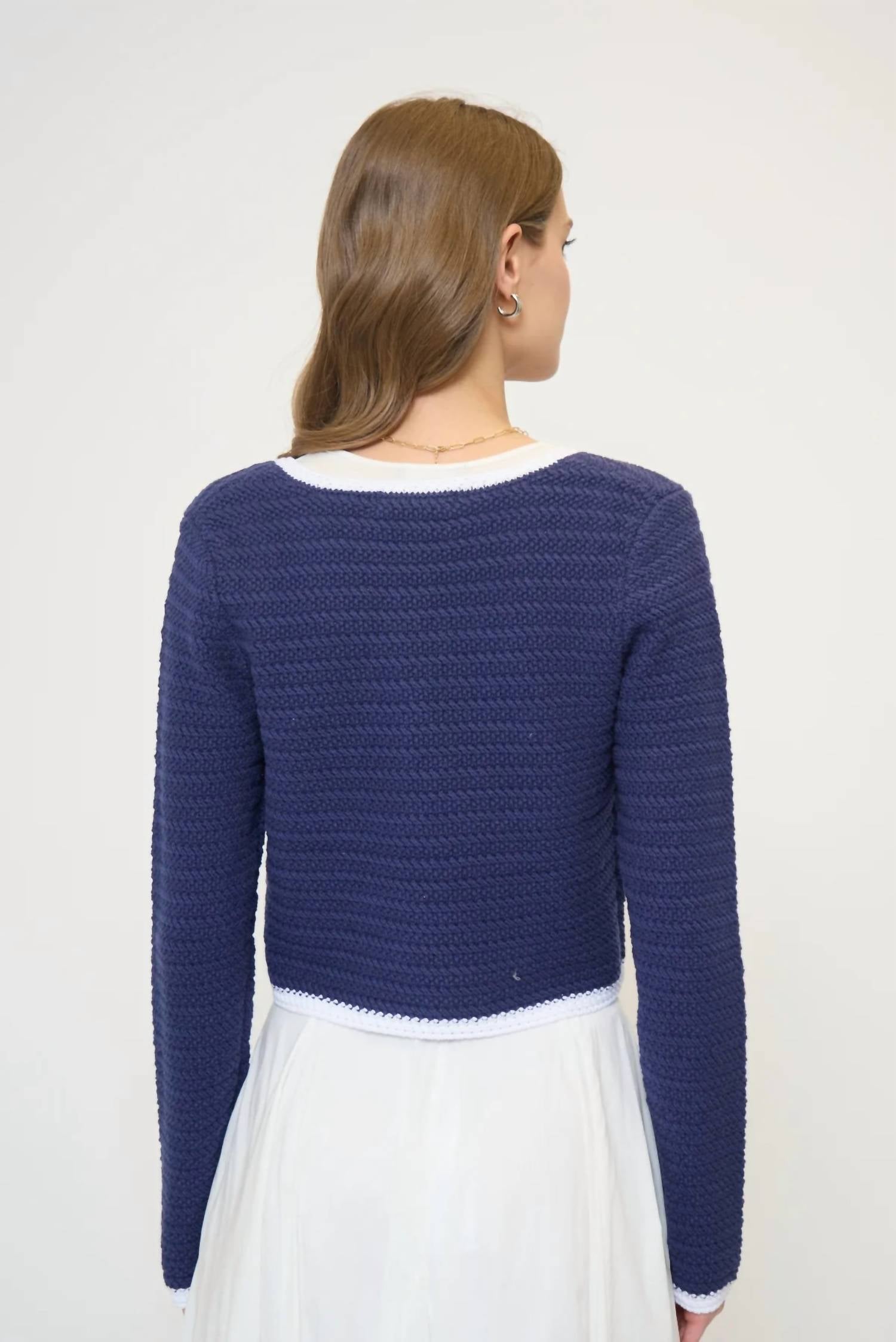 Central Park West Wren Scallop Crochet Cardigan in navy - women's cardigan - detail view