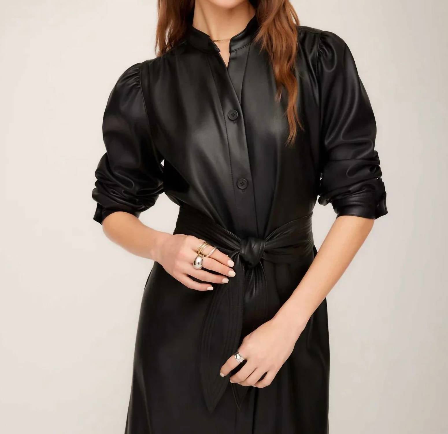 Fifteen Twenty - Faux Leather Shirtdress With Tie Waist