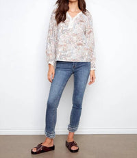 Charlie B - Printed Linen Blend Raglan Blouse with Crochet Trim