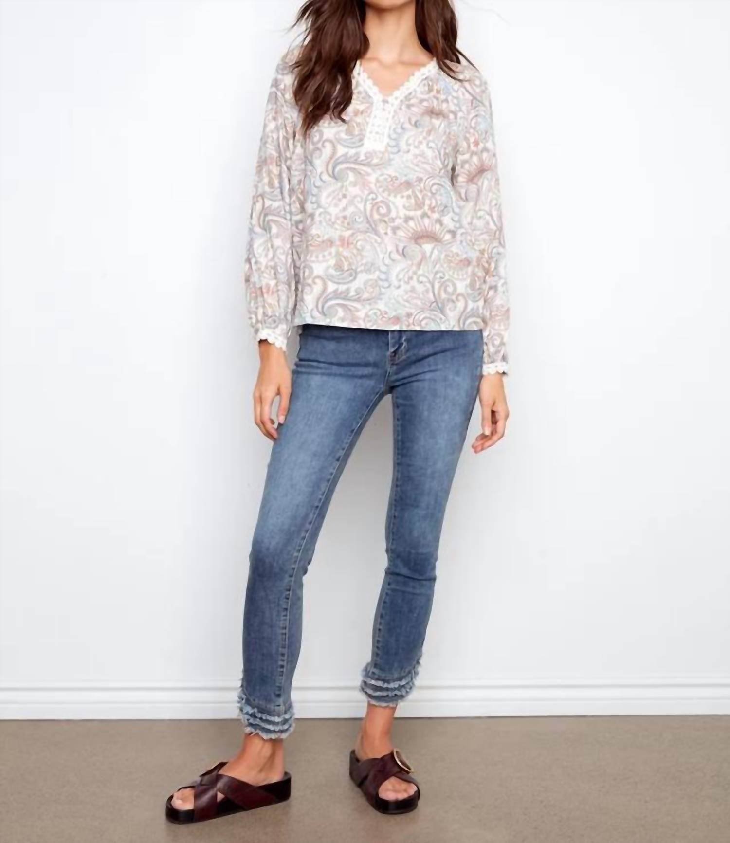 Charlie B - Printed Linen Blend Raglan Blouse with Crochet Trim
