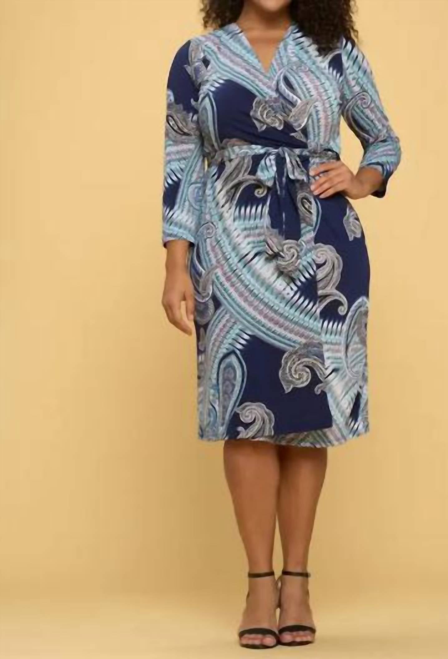 reneec. V-Neck Wrap Dress with Tie - Plus in navy - women's dress