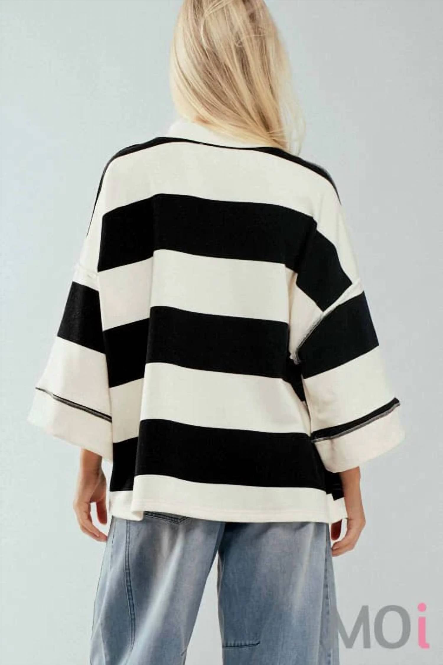 Urban Daizy - Oversized Half Zip Bold Stripe Statement Pullover Sweatshirt