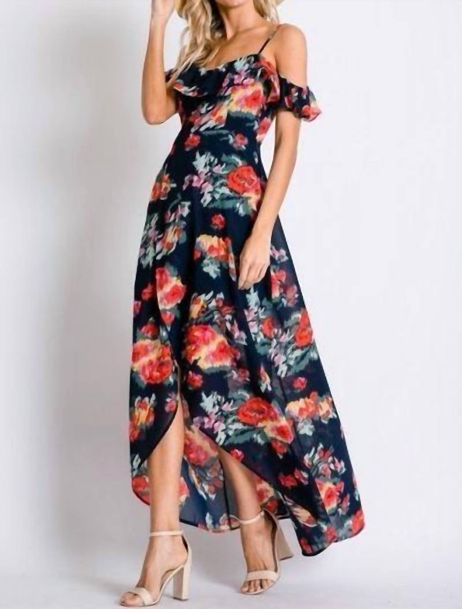 Davi & Dani - Floral Print Ruffle Cold Shoulder Tulip Dress
