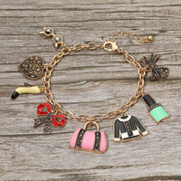 Wona Trading - Stone Paved Heart Bow High Heel Bag Lipstick Charm Station Bracelet