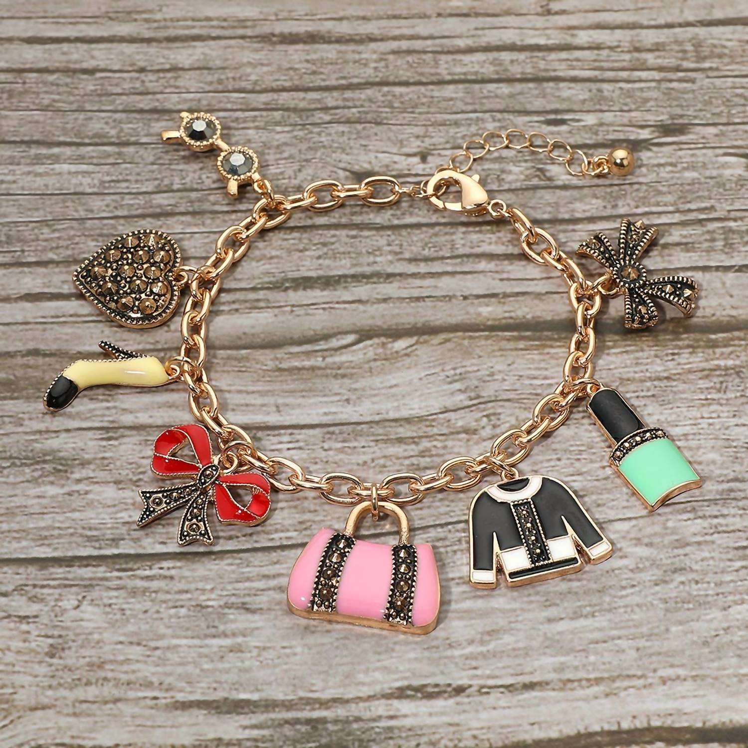 Wona Trading - Stone Paved Heart Bow High Heel Bag Lipstick Charm Station Bracelet