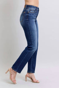 Judy Blue Thermal Straight Jeans in dark wash - women's jeans - detail view