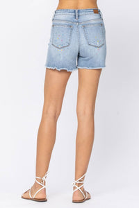 Judy Blue High Waist Rainbow Paint Splash Denim Shorts in blue - women's shorts - detail view