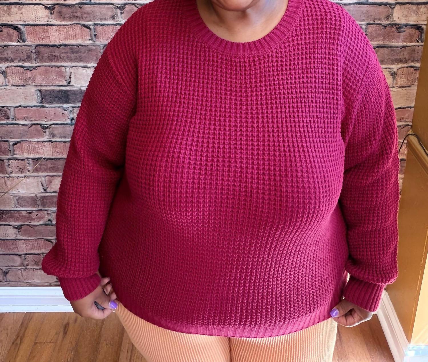 Zenana - Round Neck Waffle Sweater