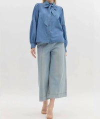 entro Martina Balloon Sleeve Button Down Tencel Shirt in chambray - women's shirt - view 4