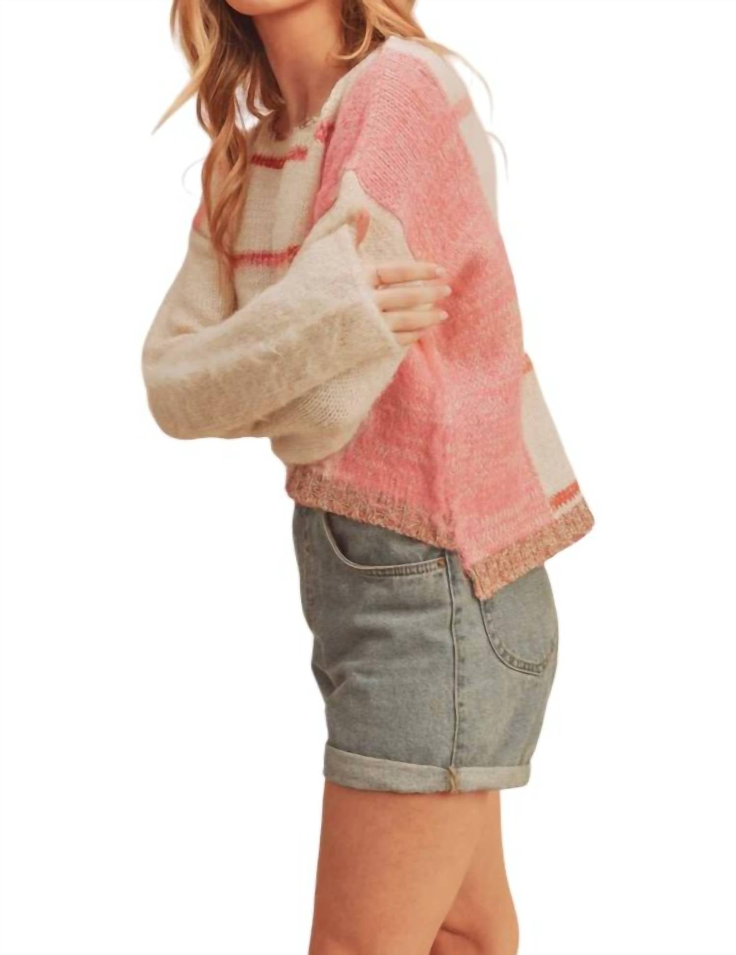 AEMI + CO Mona Knit Stripe Pullover Sweater in white pink - women's sweater - alternate view