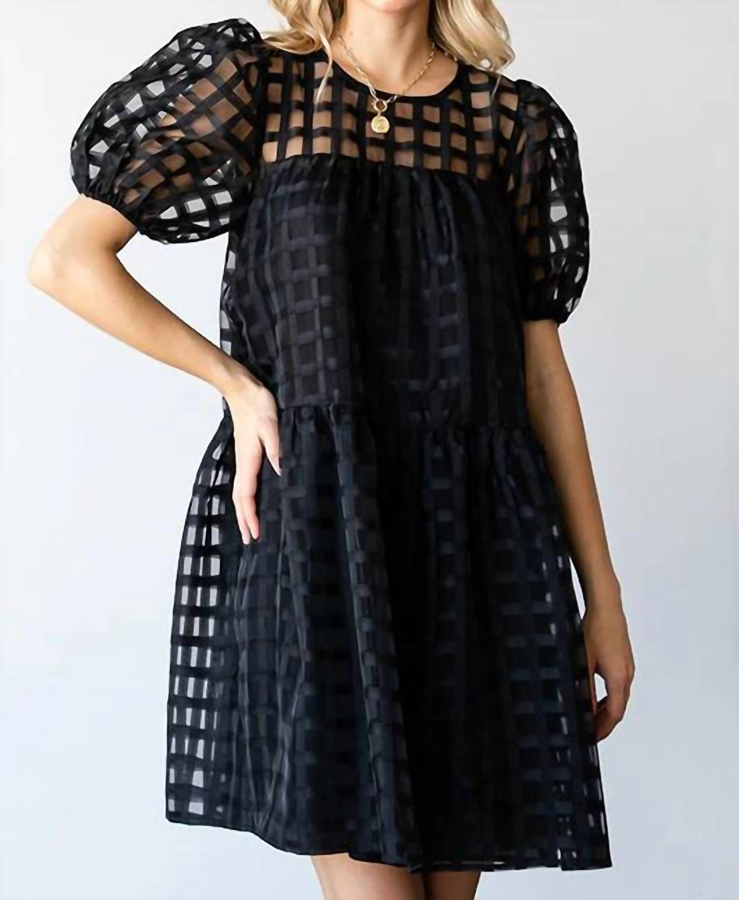 First Love - Plaid Organza Puff Sleeve Tiered Short Dress