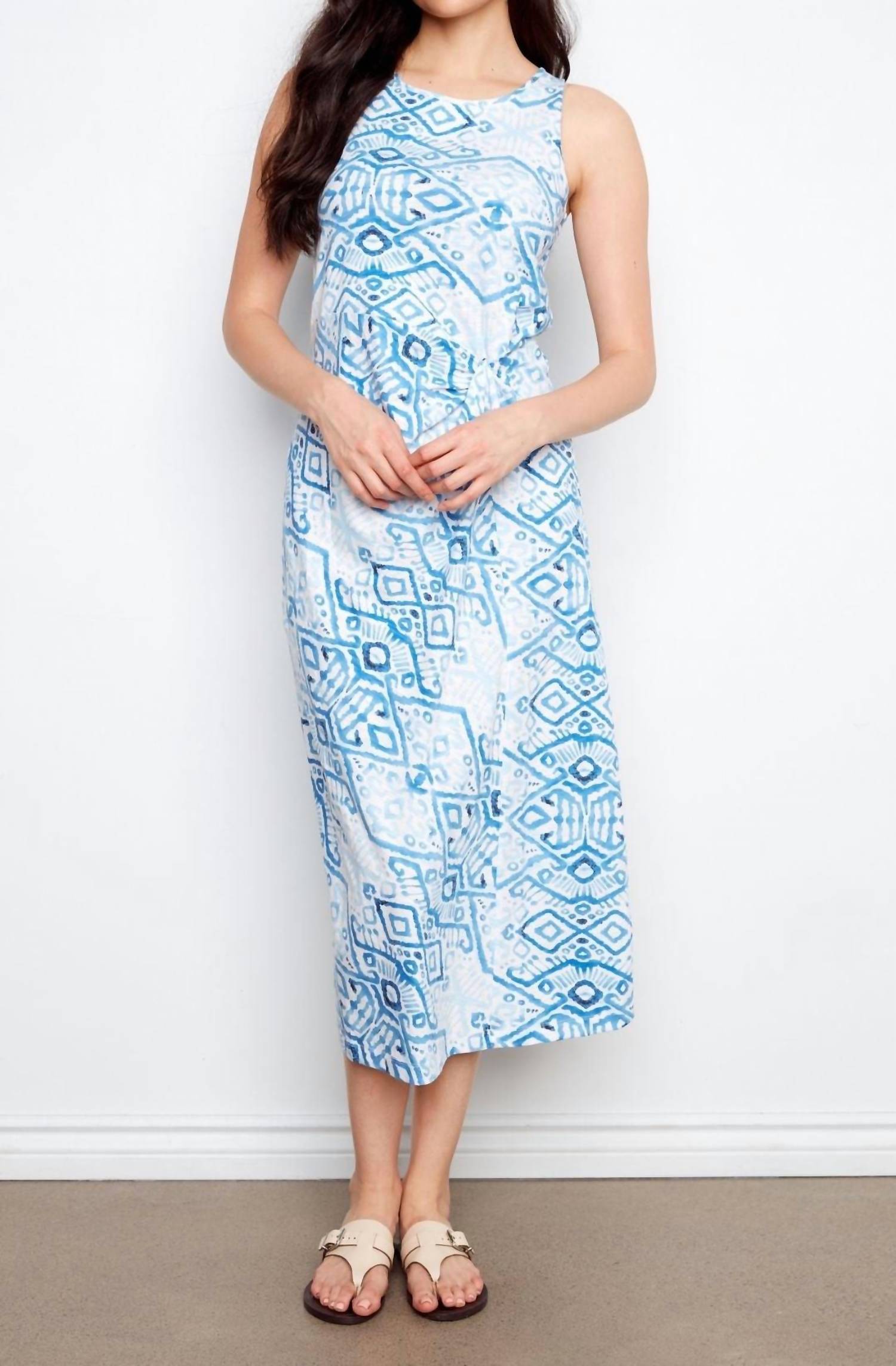 CHARLIE B Patterned Cotton Slub Faux Knot Midi Dress in border - women's dress - detail view