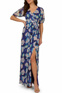 Adrianna Papell - Floral Print V-neck Short Sleeve Maxi Dress