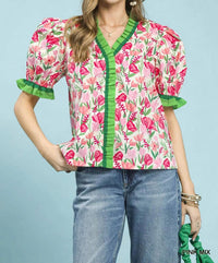 Umgee - Floral Ruffle Trim Puff Sleeve Blouse