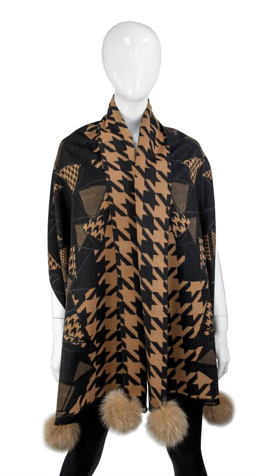 Mitchie'S Matchings - Women's Zigzag Houndstooth Print Scarf With Fox Poms