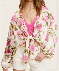 LA MIEL Pearl Shinny Fabric Floral Pattern Front Tie Blouse in multicolor - women's blouse