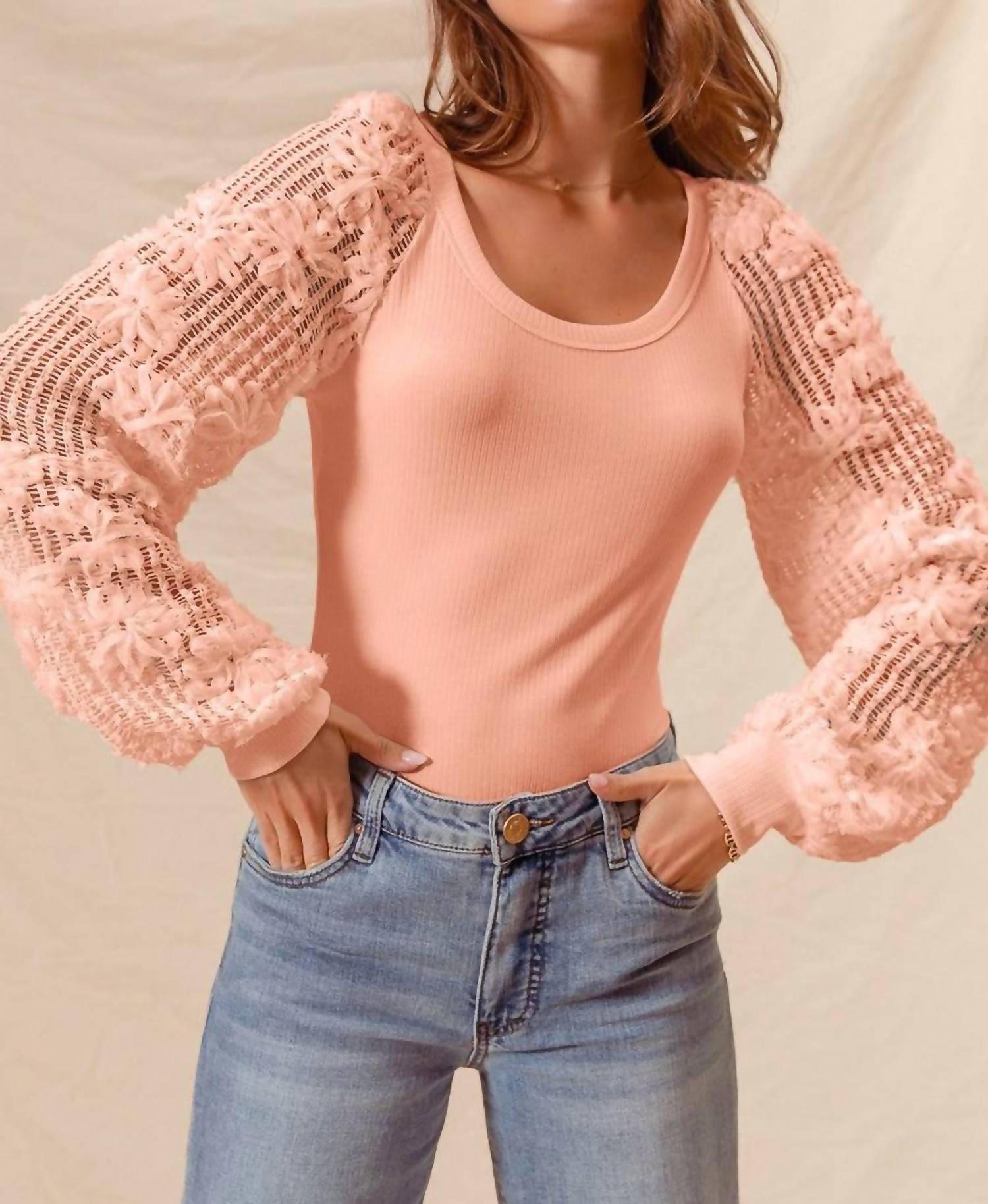 So Me - Rib Top With Lace With Floral Detail Balloon Sleeves