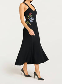 cinq a sept Floral Mixed Media Andre Midi Dress in black multi - women's dress - detail view
