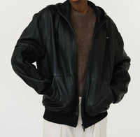 Tibi - Pebbled Leather Zip Up Hoodie Jacket