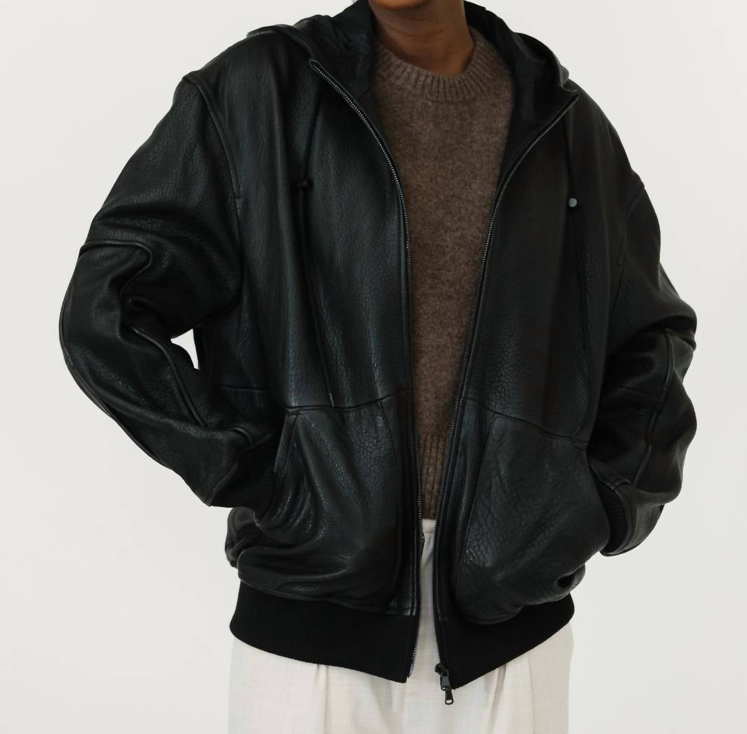 Tibi - Pebbled Leather Zip Up Hoodie Jacket