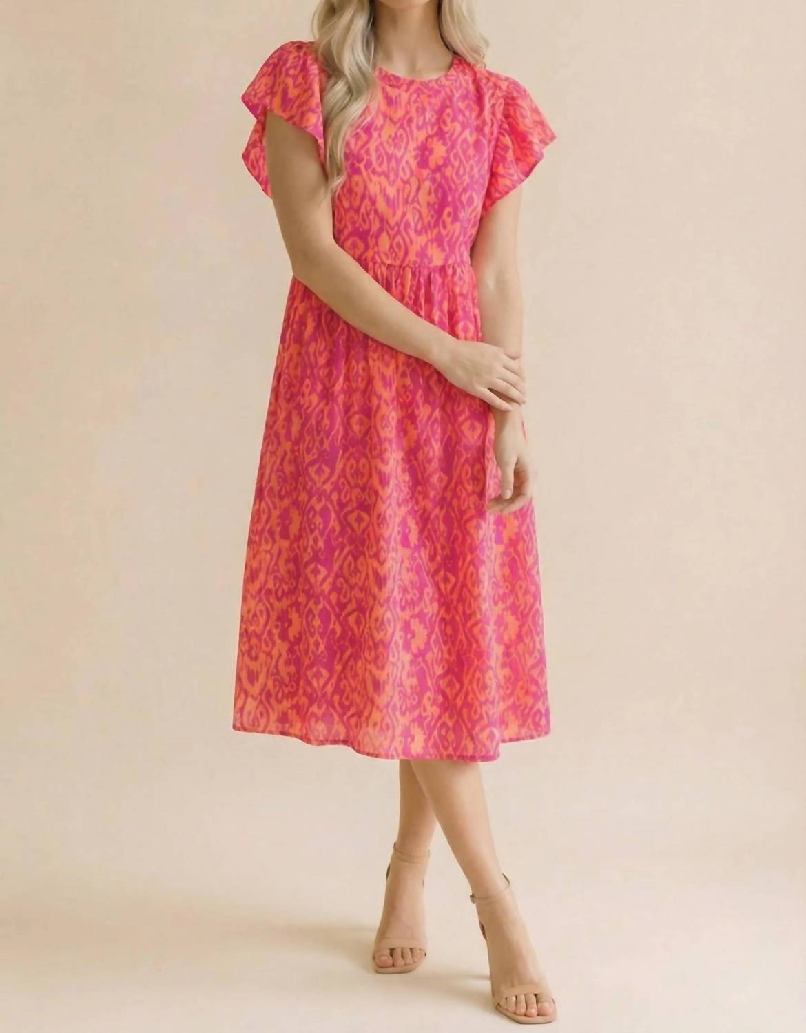 Haptics - Round Neck Ruffle Sleeve Ikat Babydoll Dress