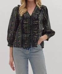 entro Bow Tied Floral Printed Top in black - women's blouse