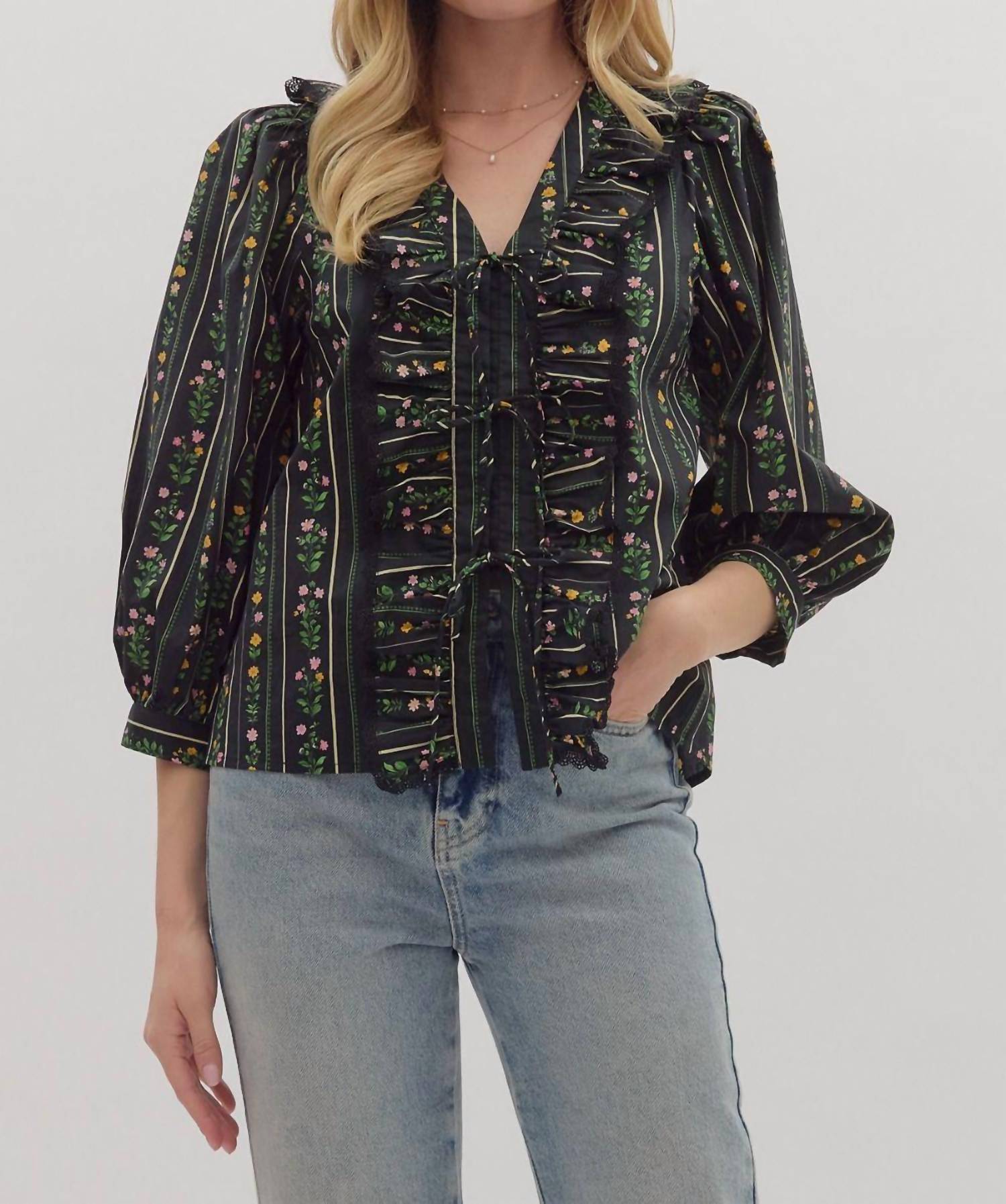 entro Bow Tied Floral Printed Top in black - women's blouse