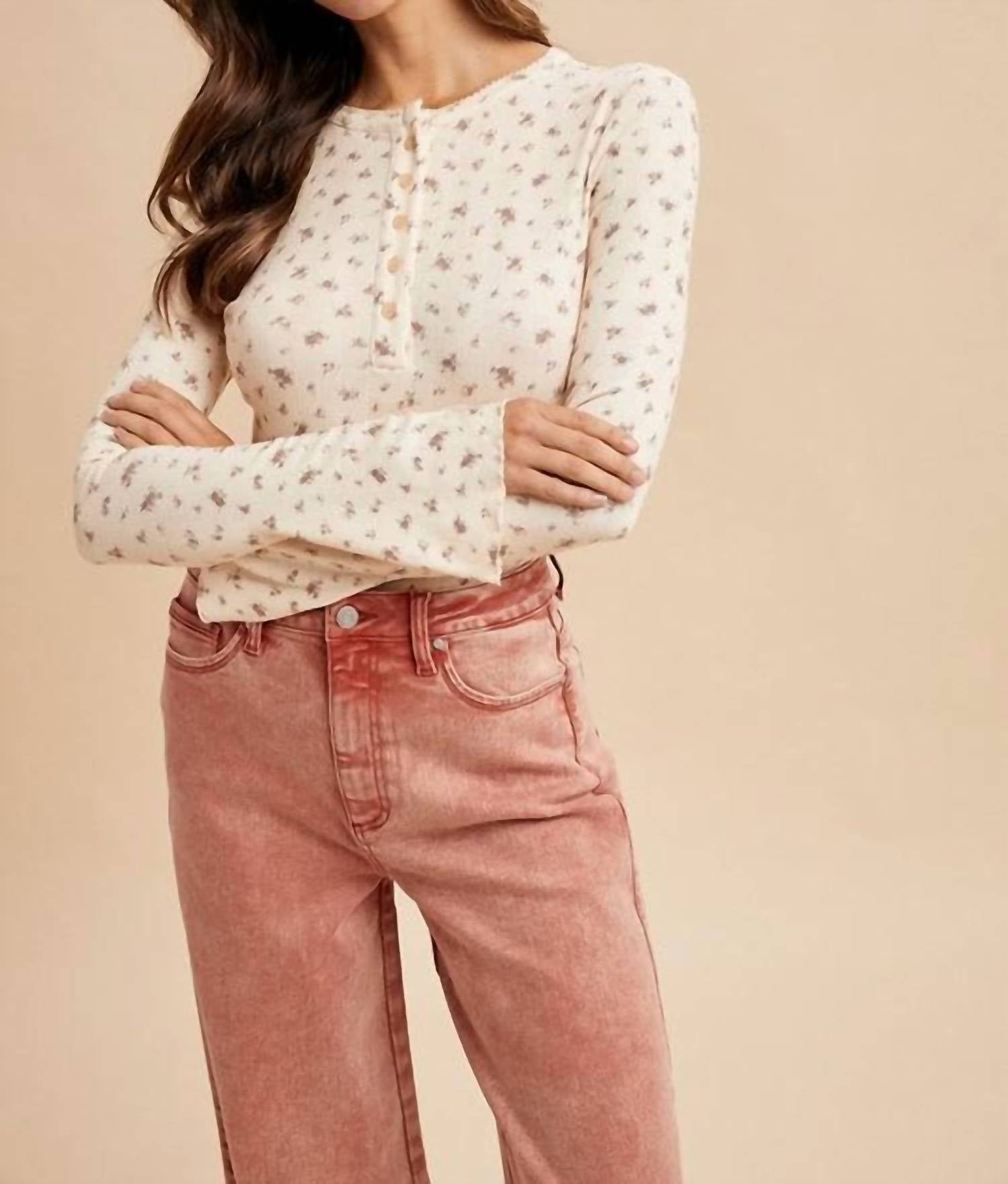Blakely - Ditsy Print Pointelle Knit Bell Sleeve Bodysuit