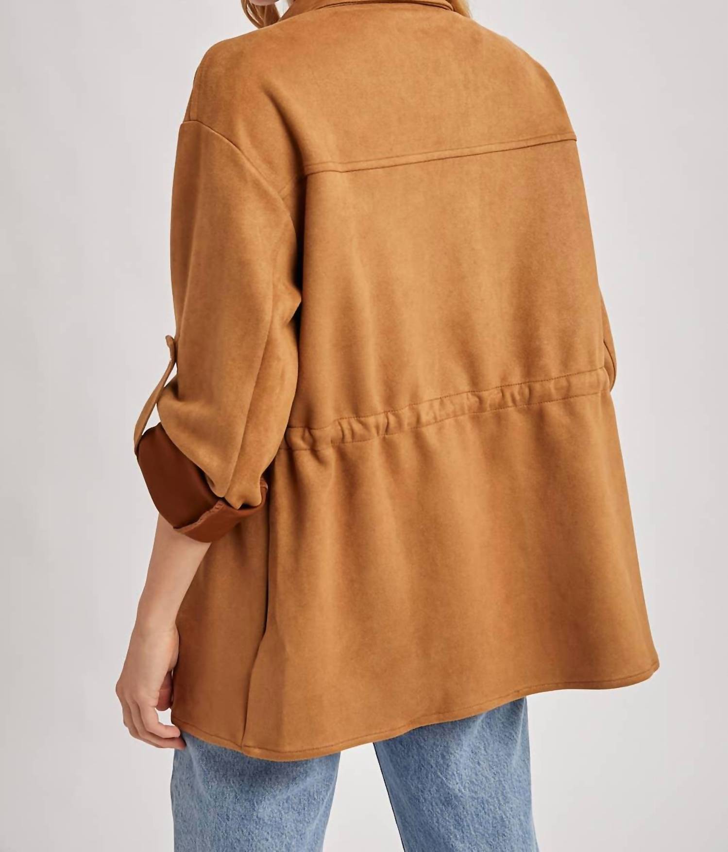 Bluivy - Faux Suede Button Down Roll-up Sleeve Shacket
